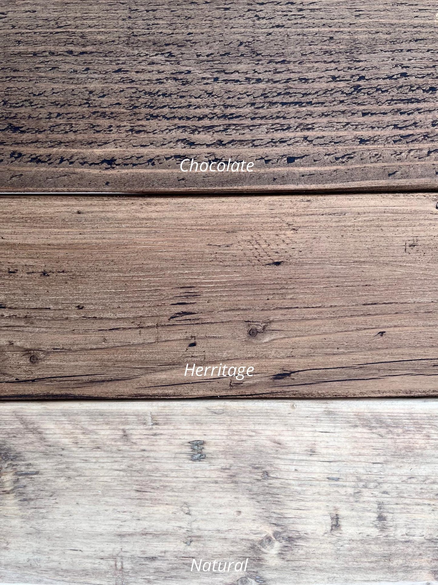 Three different wood finishes labeled 'Chocolate', 'Heritage', and 'Natural' on a textured surface.