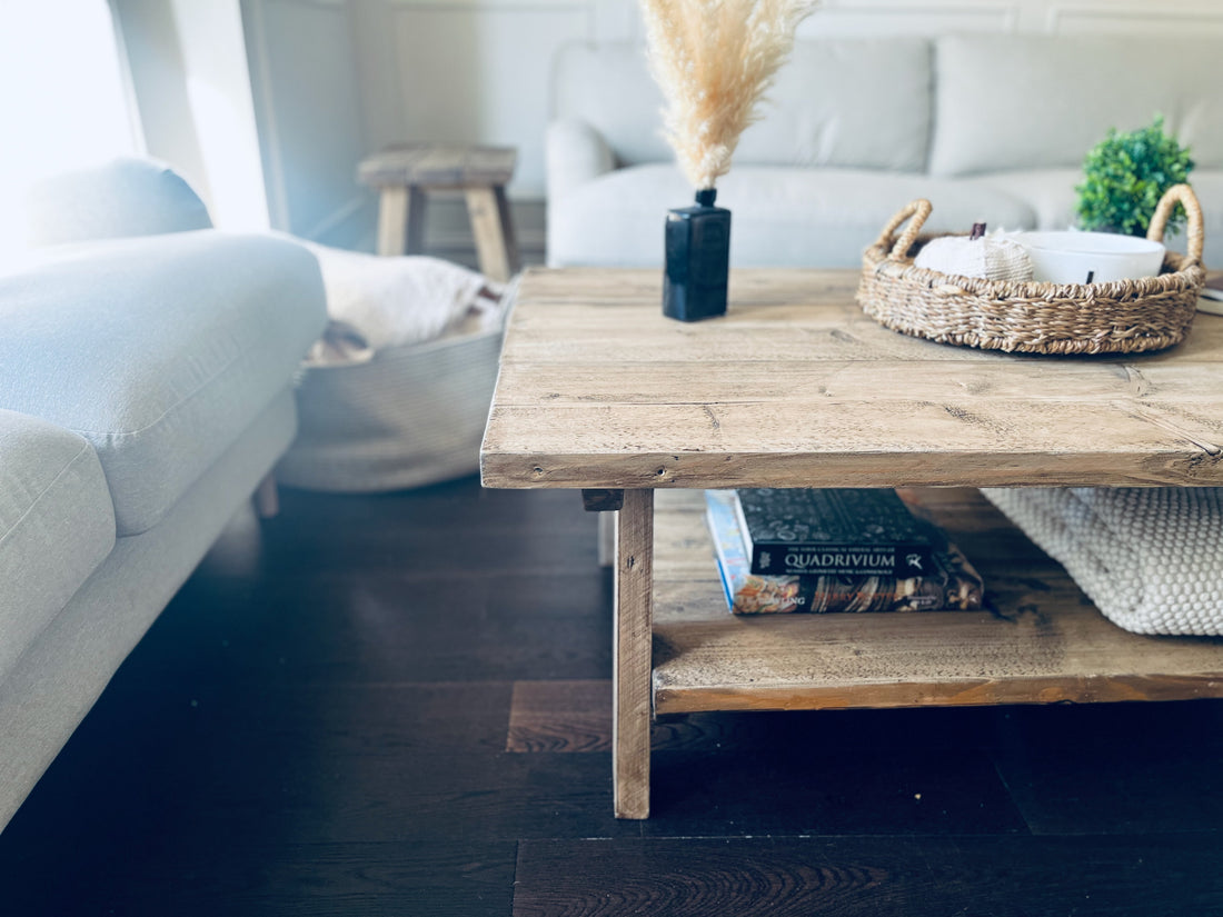 Woode coffee table with side table and sofa