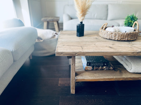 Woode coffee table with side table and sofa