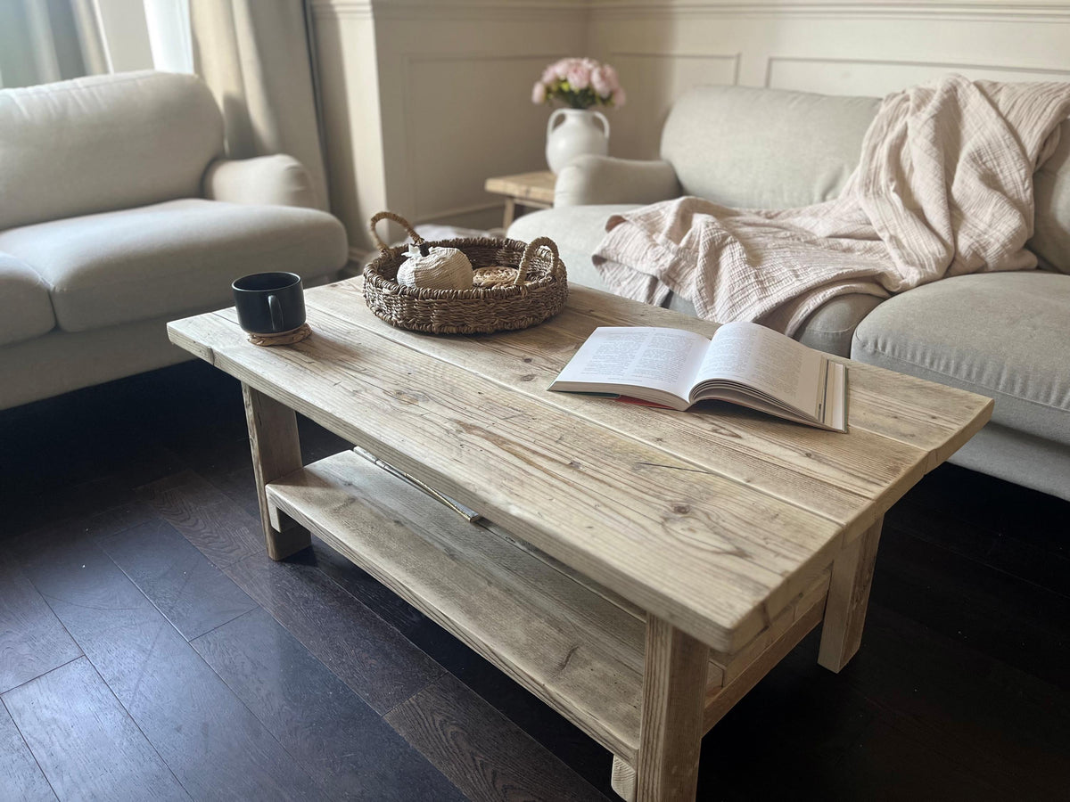 Farmhouse style, rustic wooden coffee table, top view. 