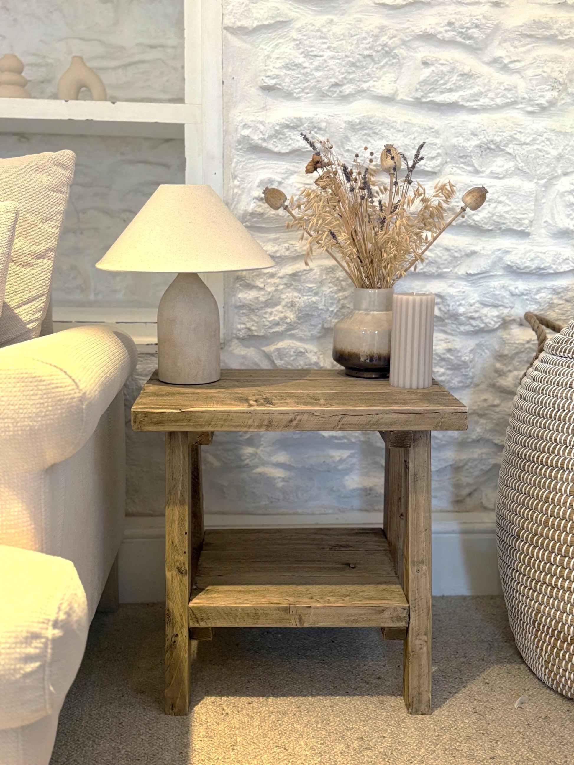 Rustic wooden side table with bottom shelf, handmade in Hampshire UK (front view)