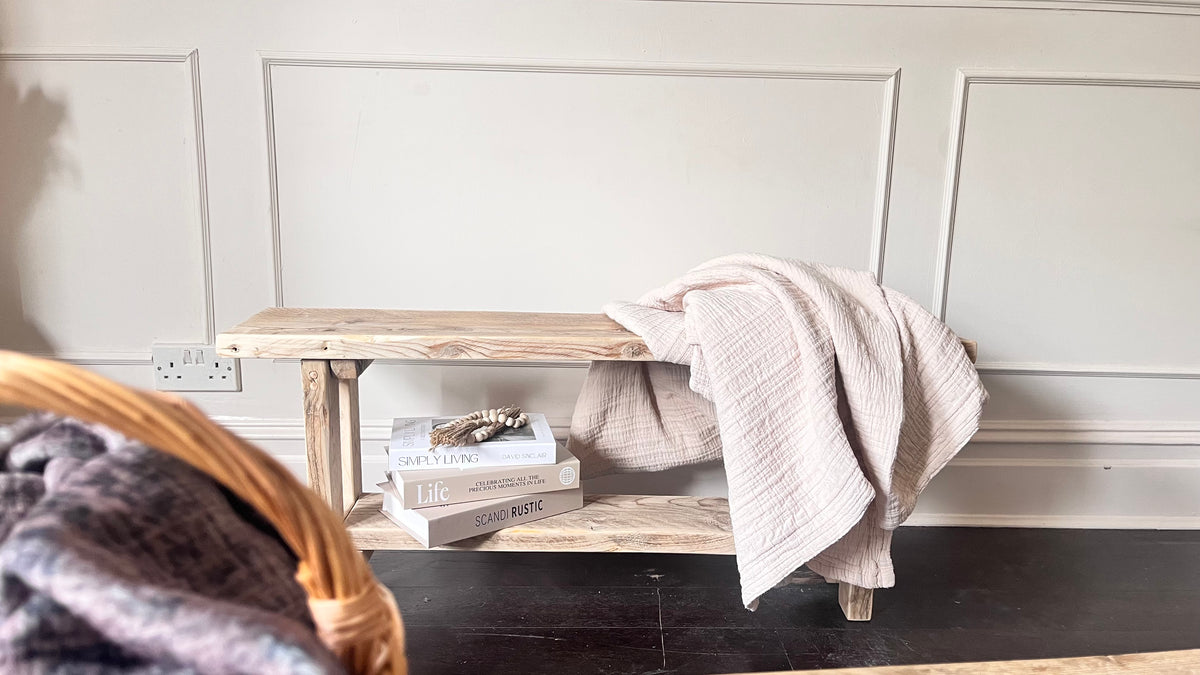Rustic Handmade Wooden bench in a farmhouse style with a lower shelf. Made in the UK