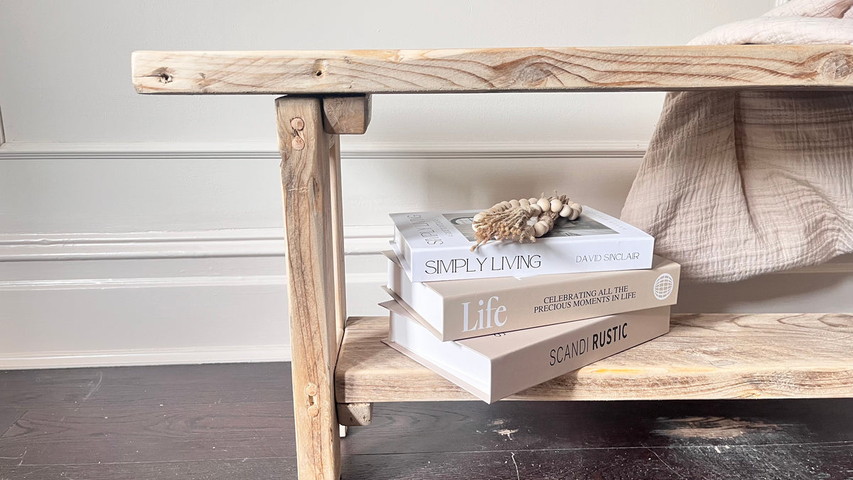 Rustic Handmade Wooden bench in a farmhouse style with a lower shelf. Made in the UK