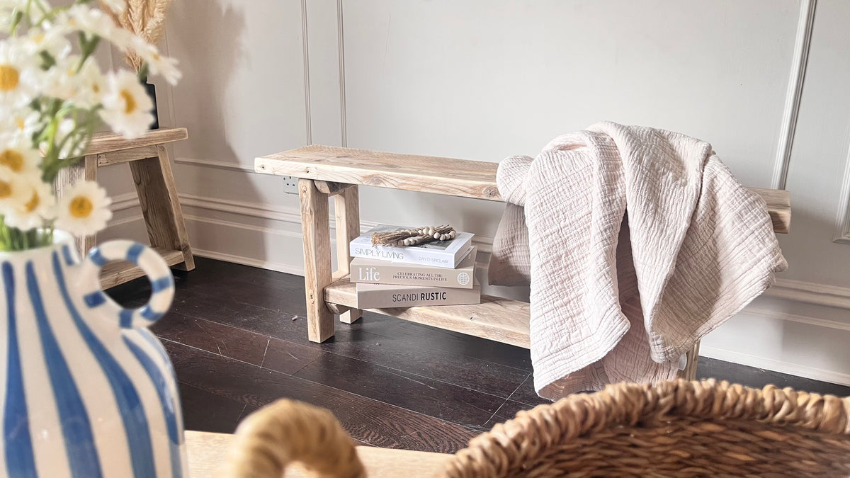 Rustic Handmade Wooden bench in a farmhouse style with a lower shelf. Made in the UK