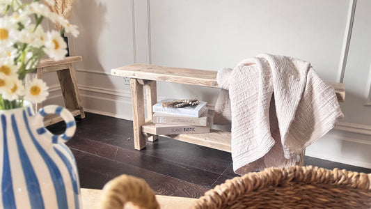 Rustic Handmade Wooden bench in a farmhouse style with a lower shelf. Made in the UK