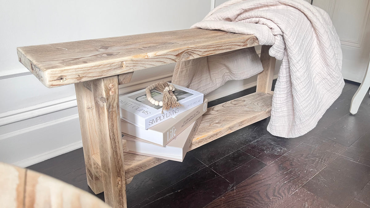 Rustic Handmade Wooden bench in a farmhouse style with a lower shelf. Made in the UK