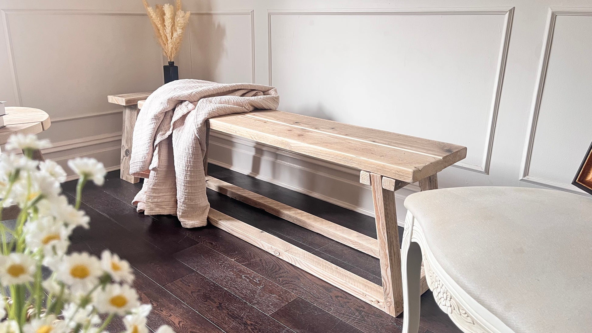 Farmhouse style wooden bench. Handmade in the UK, front view.