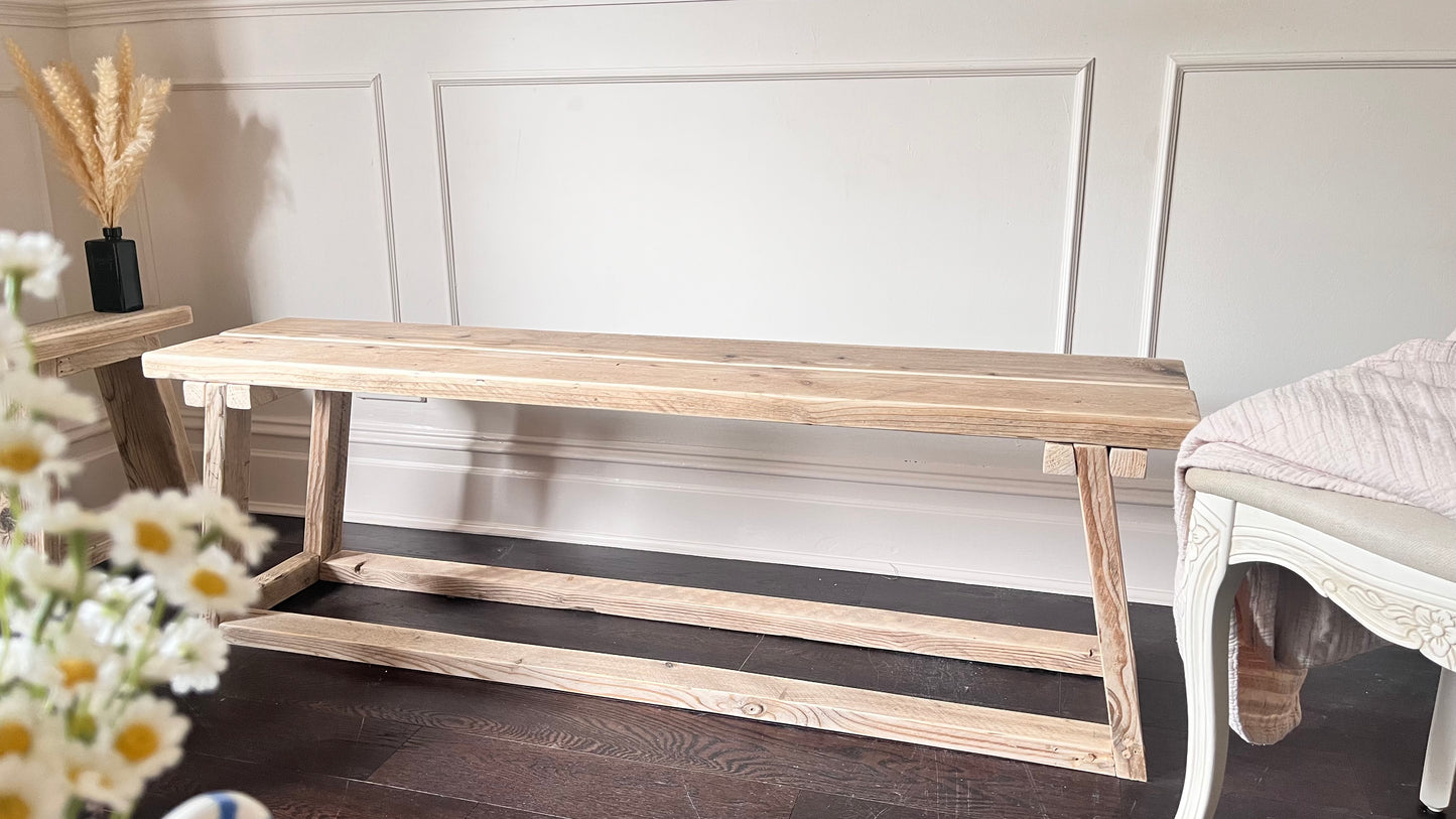 Farmhouse style wooden bench. Handmade in the UK, front view.