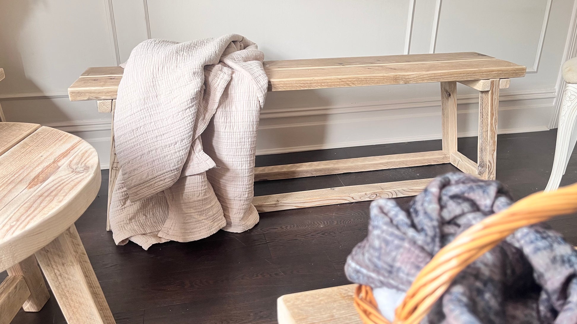 Farmhouse style wooden bench. Handmade in the UK, front view.