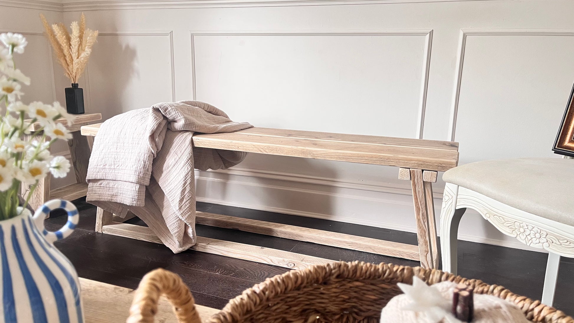 Farmhouse style wooden bench. Handmade in the UK, front view.