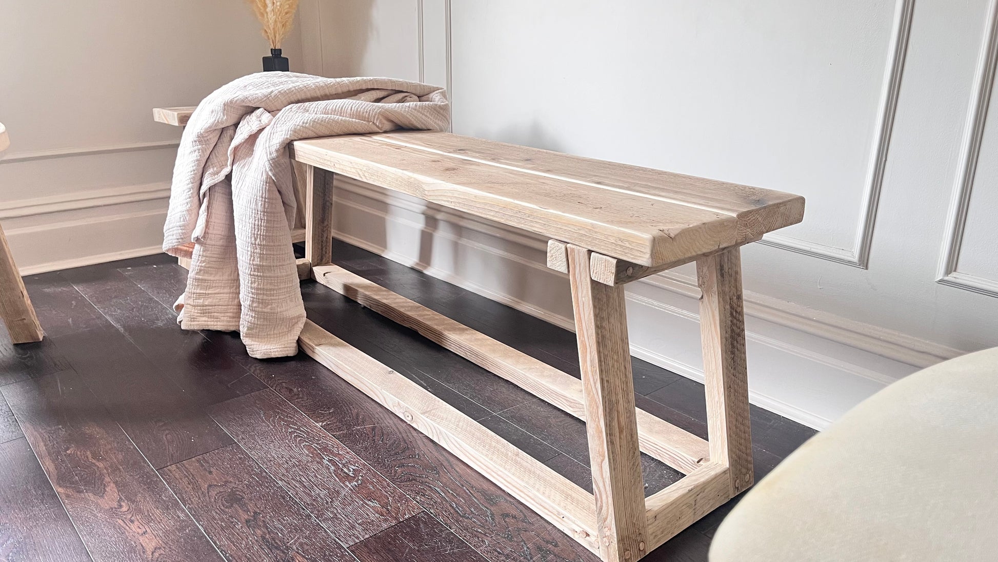 Farmhouse style wooden bench. Handmade in the UK, front view.