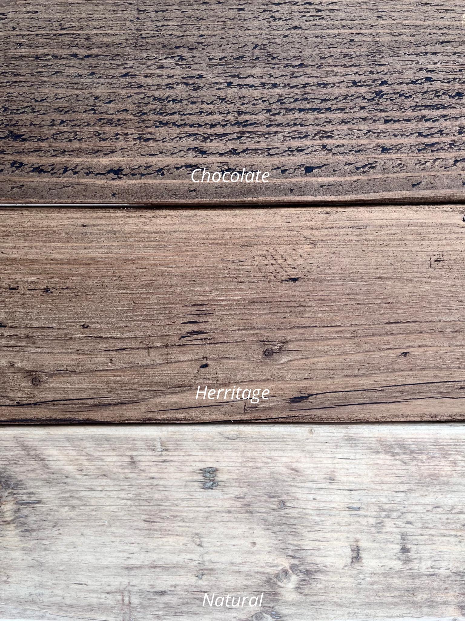 Three different wood finishes labeled 'Chocolate', 'Heritage', and 'Natural' on a textured surface.