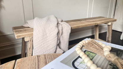 Farmhouse style wooden bench. Handmade in the UK, front view.